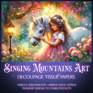 Whimsical Fantasy Art Unicorn And Girl Decoupage  Tissue Paper