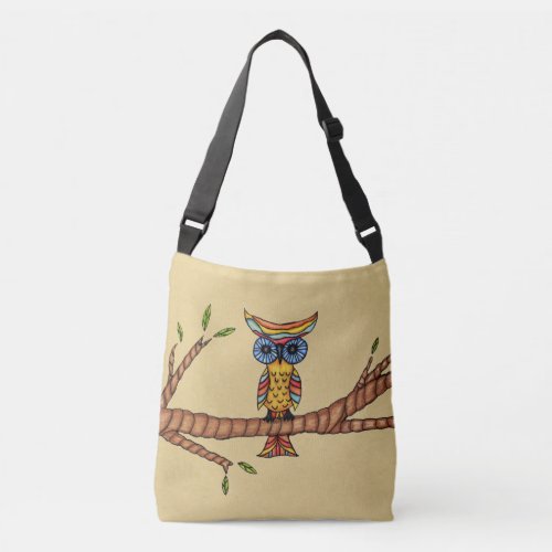 Whimsical Fantasy Colorful Owl on Tree Branch Tan Crossbody Bag