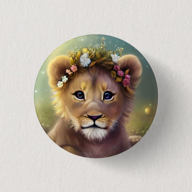 Whimsical Fantasy Cute Kawaii baby lion cub  Button (Front)