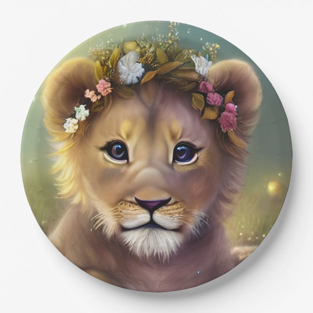 Whimsical Fantasy Cute Kawaii baby lion cub  Paper Plates (Front)