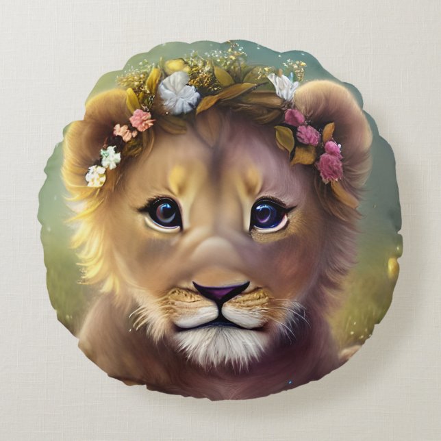 Whimsical Fantasy Cute Kawaii baby lion cub  Round Pillow (Front)