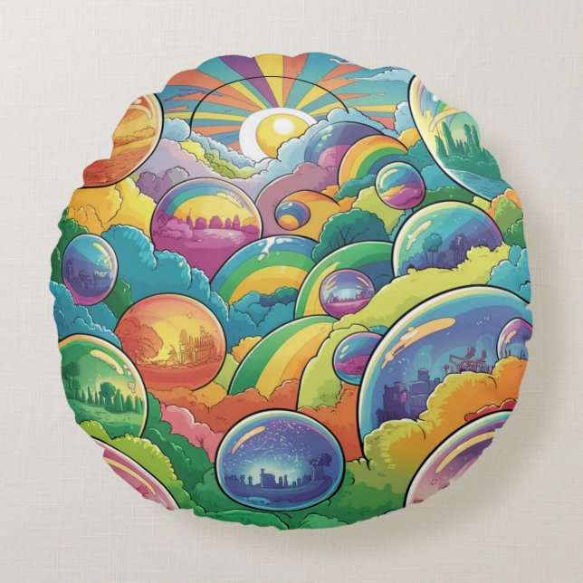 Whimsical fantasy fairycore retro bubbles round pillow (Front)