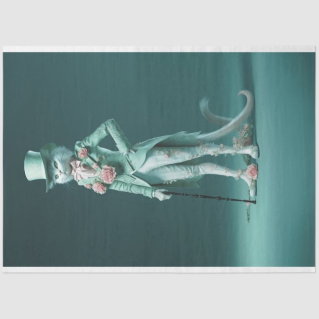 Whimsical Fantasy Fury Sage Green Cat Decoupage Tissue Paper (Front)