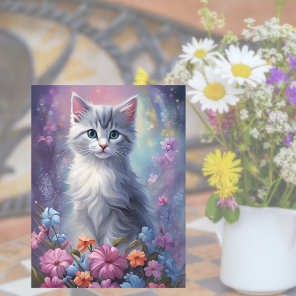 Whimsical Fantasy Kitten in Garden Cat Postcard