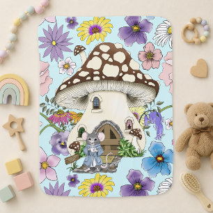 Whimsical Fantasy Mouse Mushroom House Floral Blue Baby Blanket