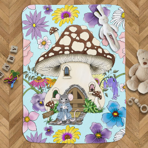 Whimsical Fantasy Mouse Mushroom House Floral Blue Baby Blanket
