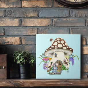 Whimsical Fantasy Mouse Mushroom House Floral Blue Ceramic Tile