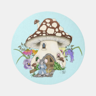 Whimsical Fantasy Mouse Mushroom House Floral Blue Rug