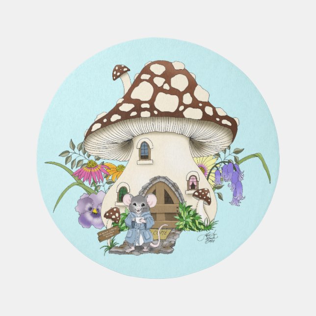 Whimsical Fantasy Mouse Mushroom House Floral Blue Rug (Front)