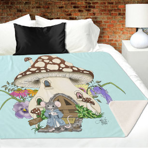 Whimsical Fantasy Mouse Mushroom House Floral Blue Sherpa Blanket