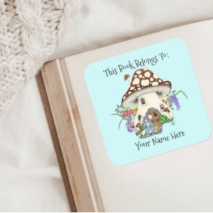 Whimsical Fantasy Mouse Mushroom House Floral Blue Square Sticker
