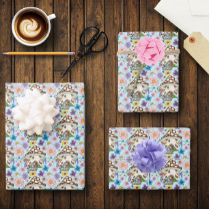 Whimsical Fantasy Mouse Mushroom House Floral Blue Wrapping Paper Sheets