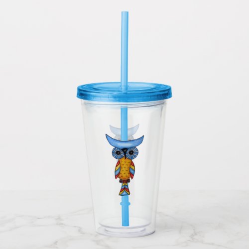 Whimsical Fantasy Owl blue Head Eyes Colorful Body Acrylic Tumbler