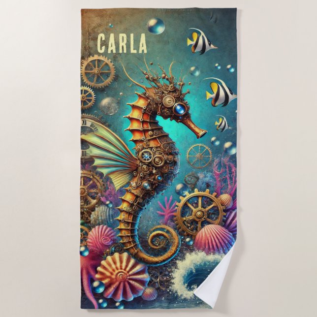 WHIMSICAL FANTASY STEAMPUNK SEAHORSE BEACH TOWEL (Front)