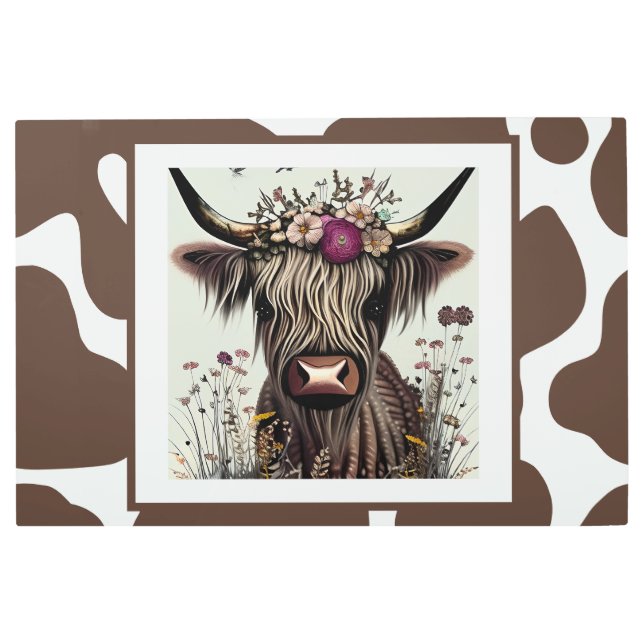 Whimsical Farm  and Scottish Highlands Boho Cow Metal Print (Front)
