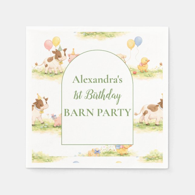 Whimsical Farm Animals Pastel 1st Birthday Napkins (Front)
