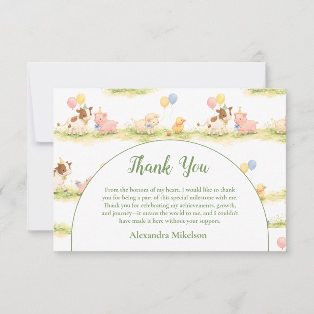 Whimsical Farm Animals Pastel 1st Birthday Thank You Card (Front)