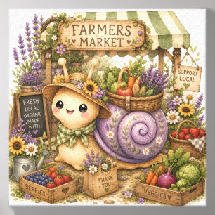 Whimsical Farmers Market Snail Watercolor Art Canvas Photo Tile