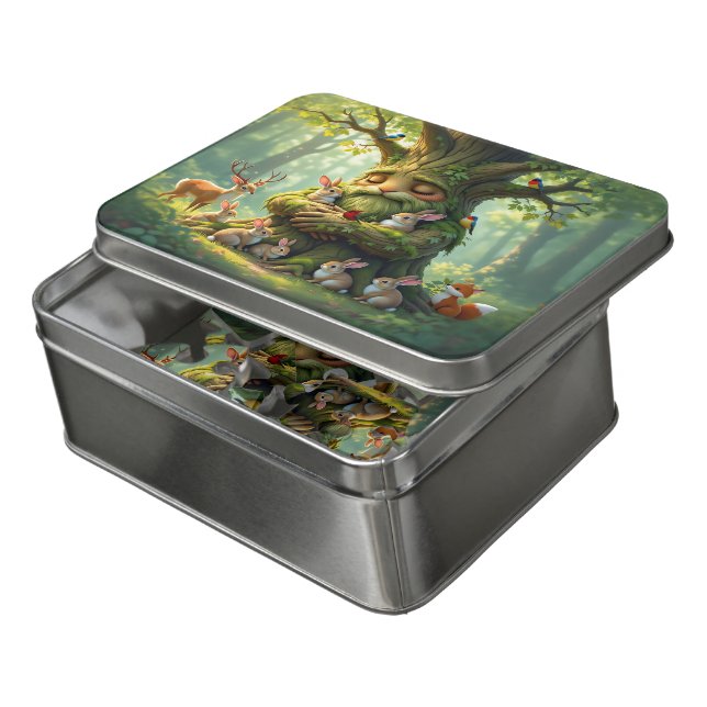 Whimsical Father Tree with Woodland Creatures Jigsaw Puzzle (Lid Open)