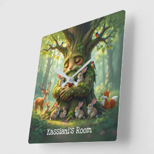 Whimsical Father Tree with Woodland Creatures Square Wall Clock