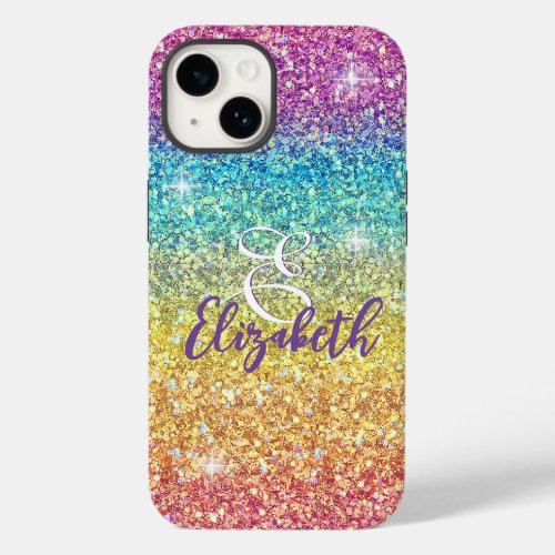 Whimsical Faux Ombre Rainbow Glitter Monogram  Case_Mate iPhone 14 Case