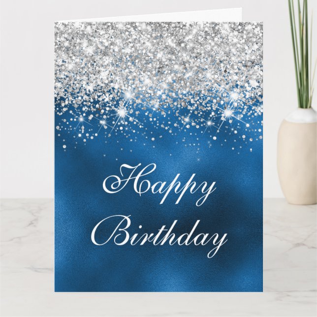 Whimsical Faux Royal Blue Silver Glitter Birthday Card (Front)