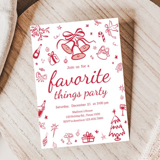 Whimsical Favorite Things Christmas Party Invitation (Hand Drawn Favorite Things Christmas Party Invitation)