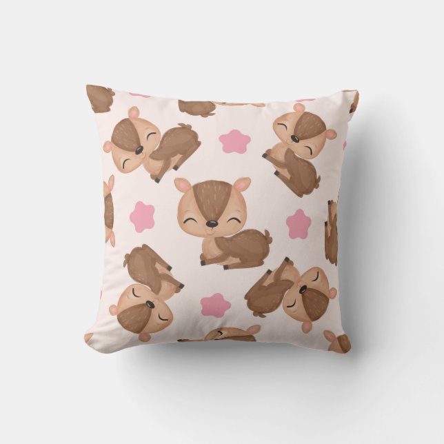 Whimsical Fawn and Starry Charm Throw Pillow (Front)