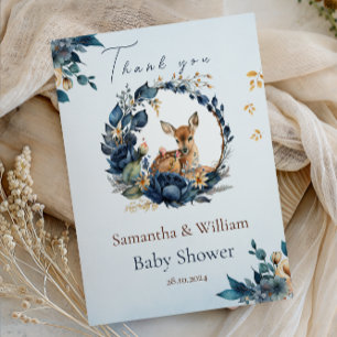 Whimsical Fawn Deer Blue Floral Thank You Card