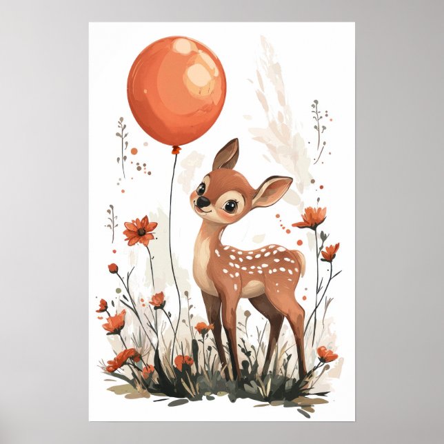 Whimsical Fawn Holding Orange Balloon in Wildflowe Poster (Front)