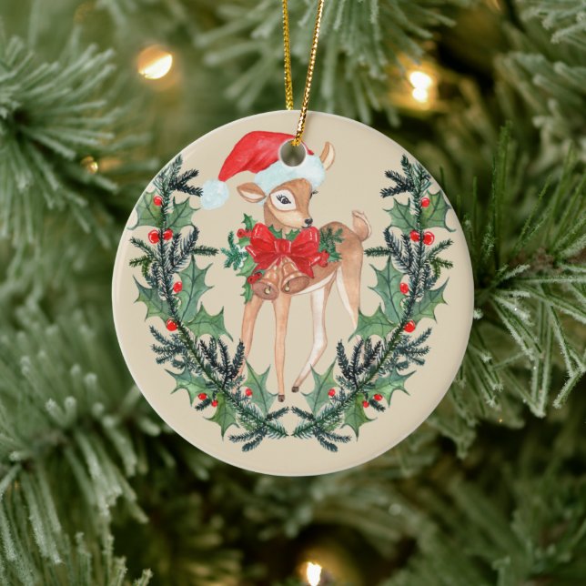 Whimsical Fawn Wreath Ceramic Ornament (Tree)