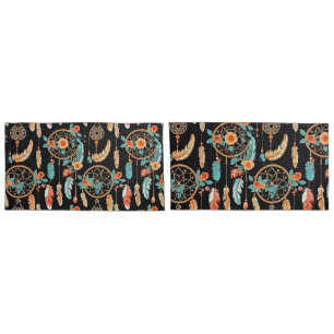 Whimsical feather dreamcatcher dark floral teal pillow case