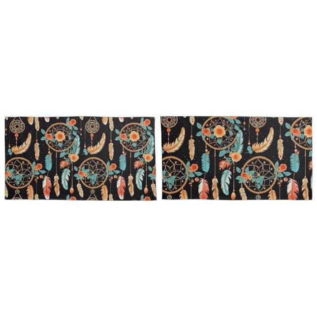 Whimsical feather dreamcatcher dark floral teal pillow case (Back-Set)