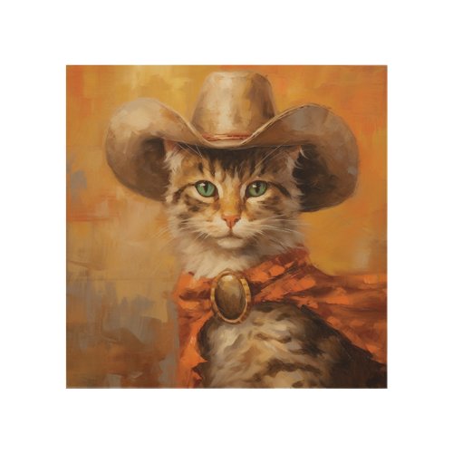 Whimsical Feline Adventure Cat in Cowboy Hat Wood Wall Art