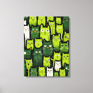 Whimsical Feline Delight - Green Doodle Cat Lover Canvas Print
