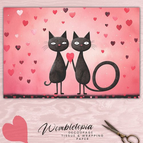 Whimsical Feline Pink  Red Love Heart Decoupage Tissue Paper