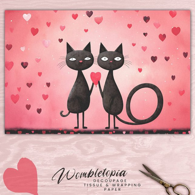 Whimsical Feline Pink & Red Love Heart Decoupage Tissue Paper (Creator Uploaded)