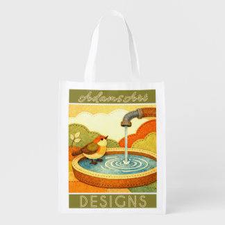 Whimsical Felt Bird at Garden Fountain Grocery Bag