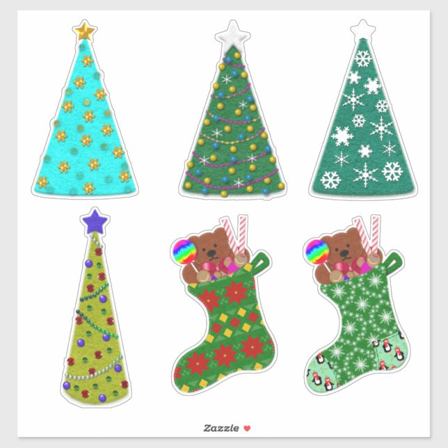 Whimsical Felt Look Christmas Trees & Stockings Sticker (Sheet)