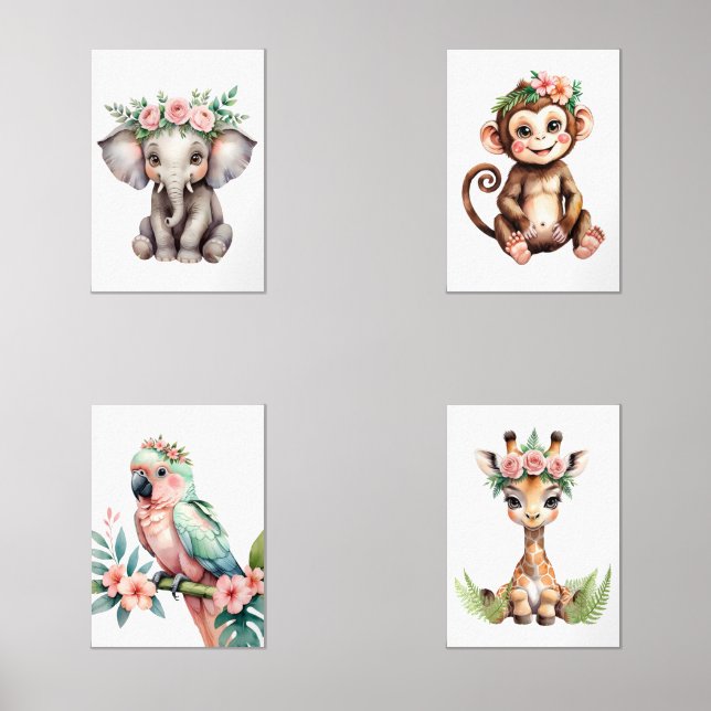 Whimsical Feminine Blush Safari Animal Nursery Art Wall Art Sets (Front)