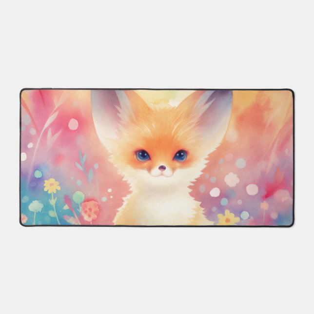 Whimsical Fennec Fox Pastel Watercolor Rainbow Desk Mat (Front)