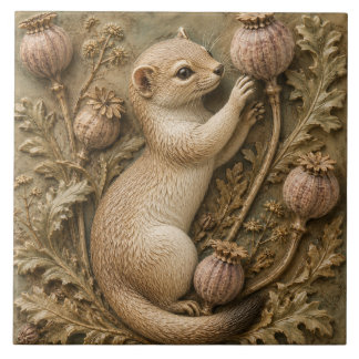 Whimsical Ferret & Poppy Seed Pods Autumn Ceramic Tile