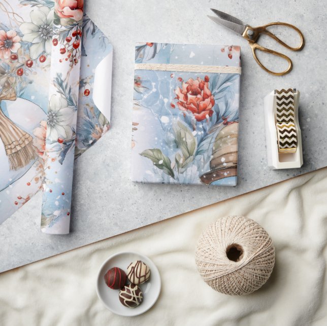 Whimsical Festive Floral Snowman Decoupage Wrapping Paper (Crafts)