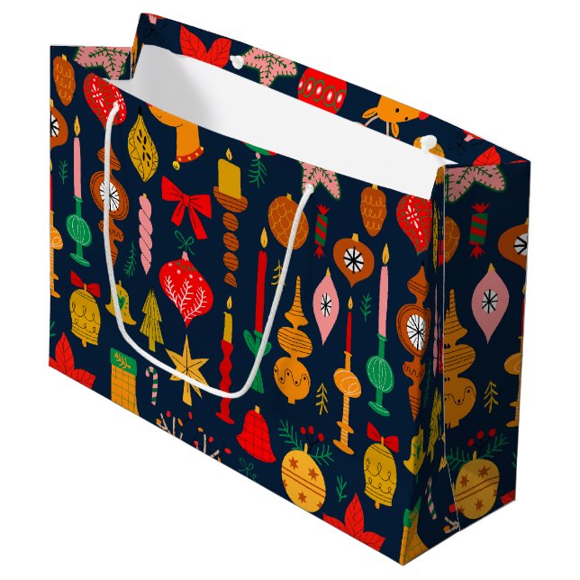 Whimsical Festive Ornaments & Reindeer Christmas Large Gift Bag (Front Angled)