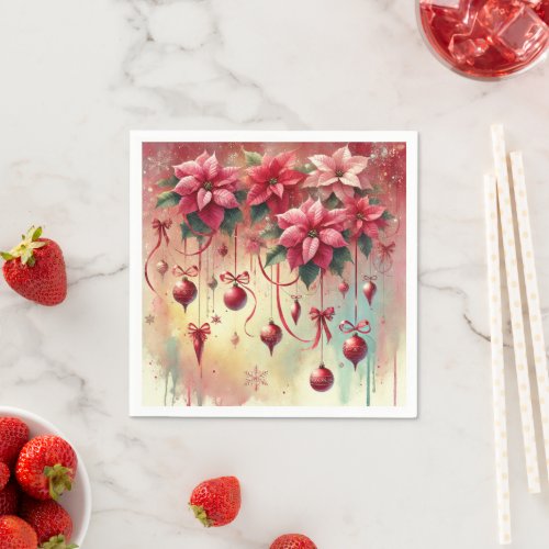 Whimsical Festive Poinsettia Baubles Decoupage Napkins