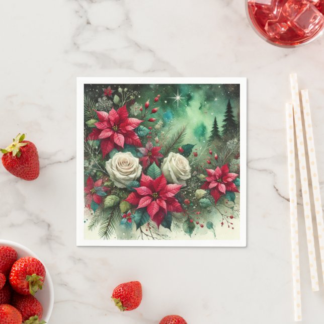 Whimsical Festive Poinsettia Evergreen Decoupage Napkins (Insitu)