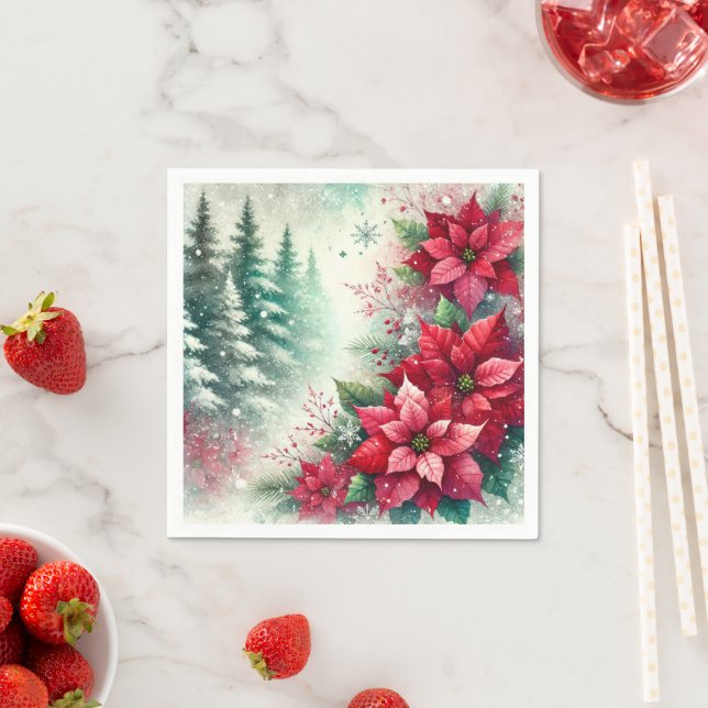 Whimsical Festive Poinsettia Forest Decoupage Napkins (Insitu)