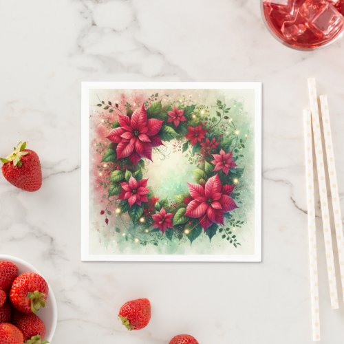 Whimsical Festive Poinsettia Wreath Decoupage Napkins
