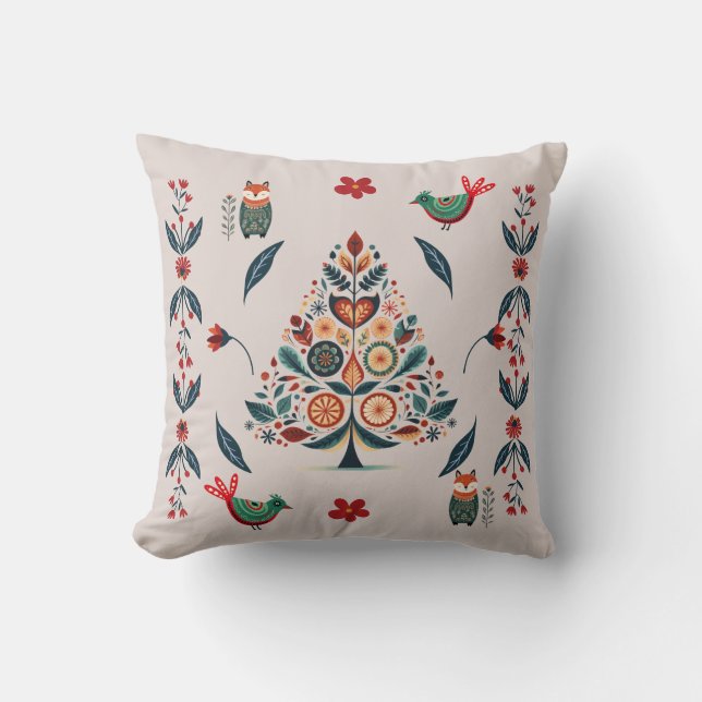 Whimsical Festive Scandinavian Folk Art Christmas Throw Pillow (Front)