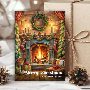 Whimsical festive scene in classic red and green holiday card
